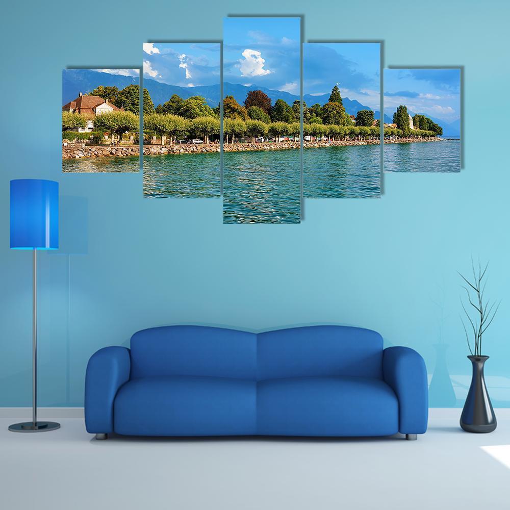 Lake Geneva in Vevey Canvas Wall Art in white, green and blue, 5 panel Star layout hung on a wall
