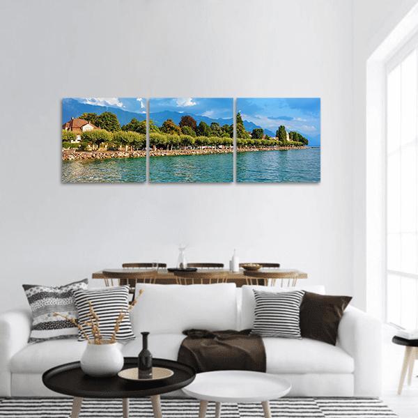 Geneva Lake In Vevey Panoramic Canvas Wall Art-3 Piece-25" x 08"-Tiaracle