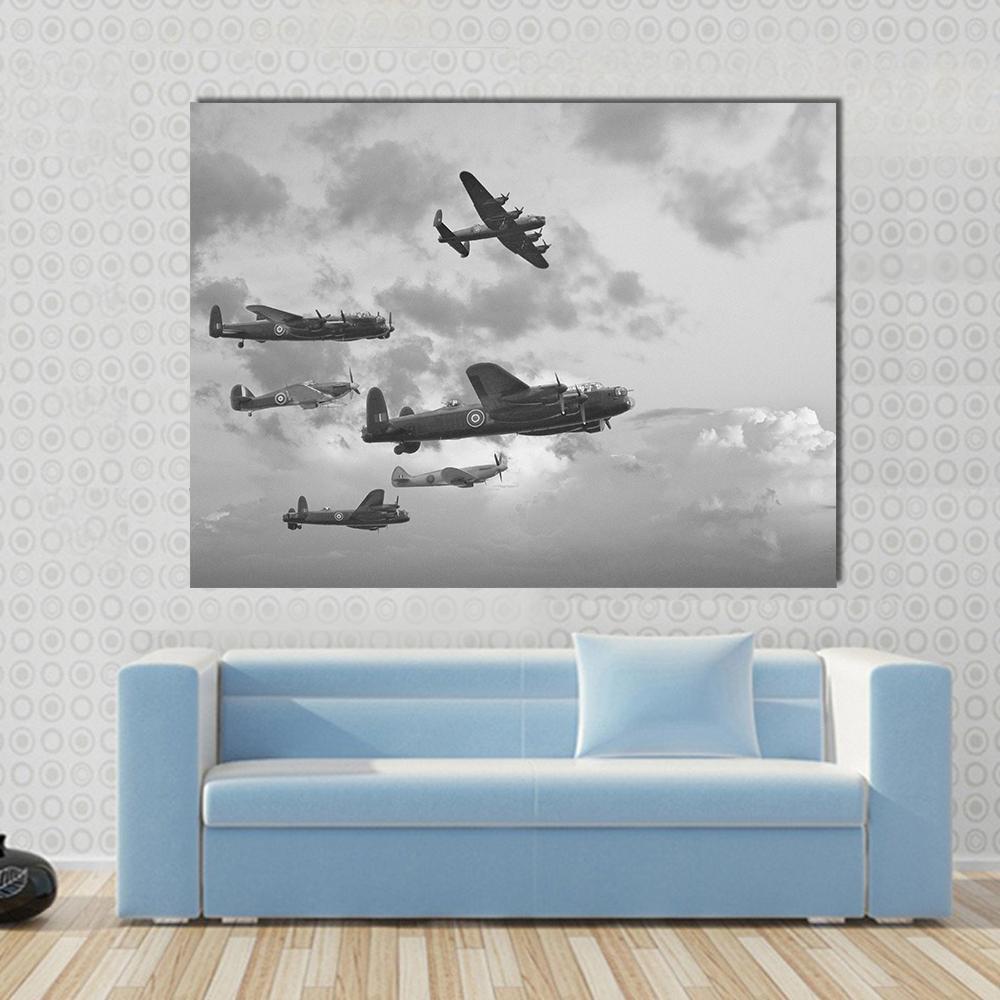 Bombers in World War Ii Canvas Wall Art in black, white and gray, single panel hung on a wall