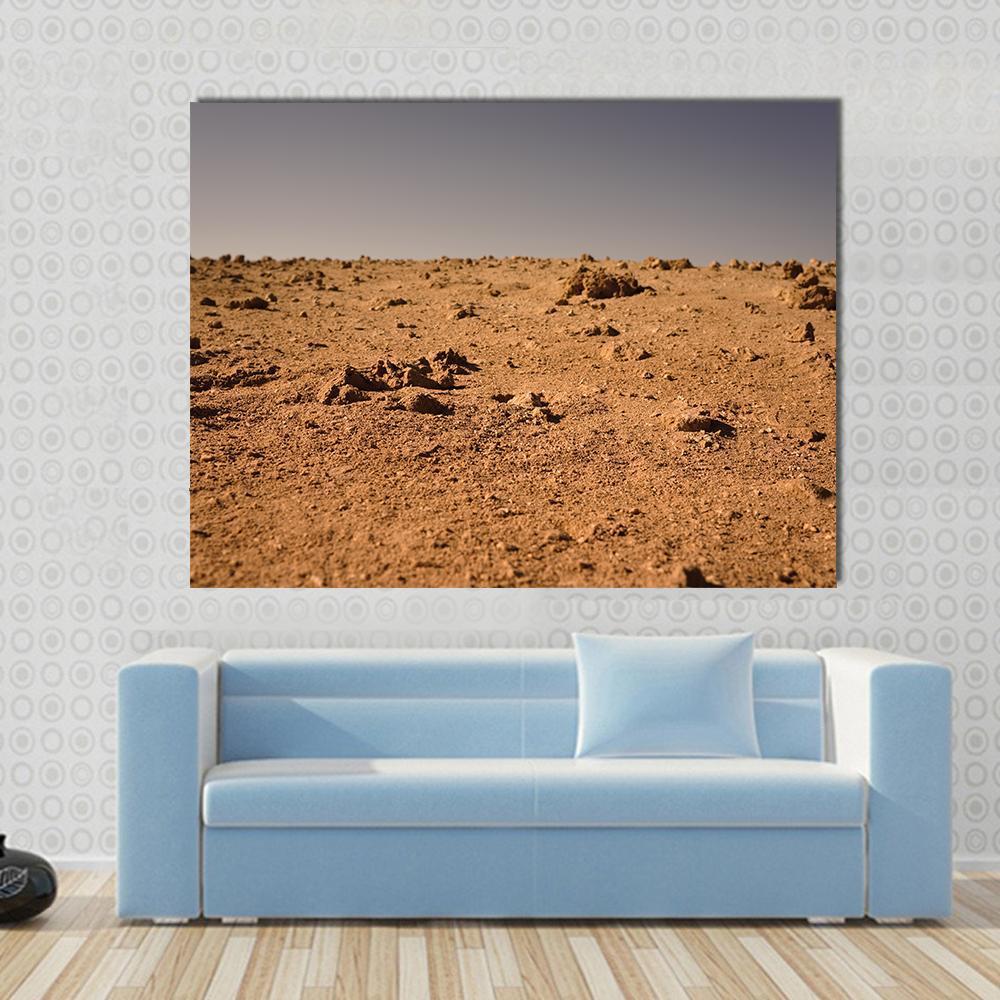 Land of Mars Canvas Wall Art in gray, brown and orange, single panel hung on a wall