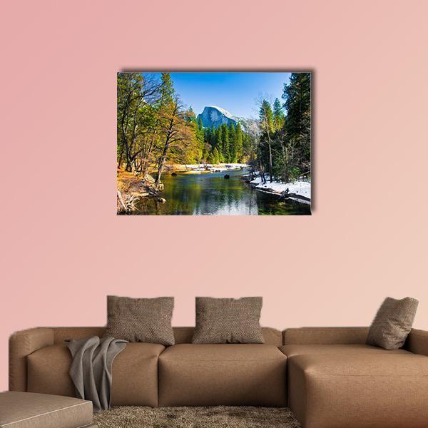 Lake Near Half Dome Rock Canvas Wall Art in brown, green and blue, single panel hung on a wall