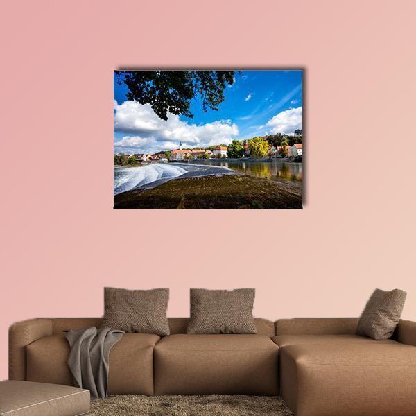 Autumn River at Landsberg Am Lech Canvas Wall Art in white, brown and blue, single panel hung on a wall