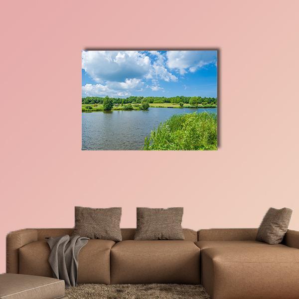 Wallsee Lake River Scene Canvas Wall Art in white, green and blue, single panel hung on a wall