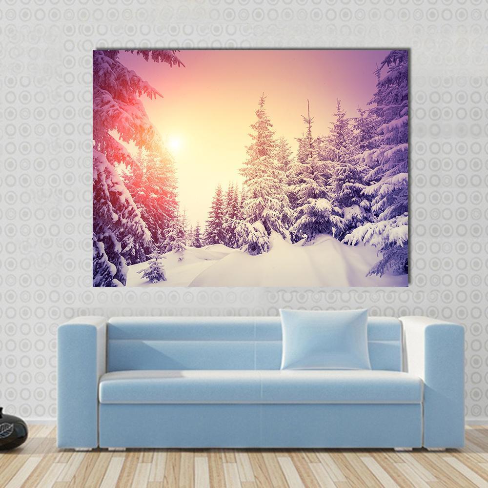 Dramatic Wintry Scene Canvas Wall Art in white, orange and purple, single panel hung on a wall