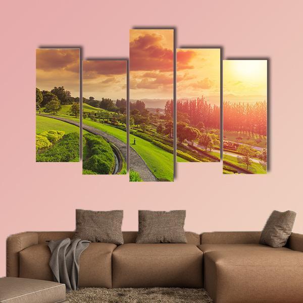 Green Park At Sunset Canvas Wall Art-5 Pop-Gallery Wrap-47" x 32"-Tiaracle
