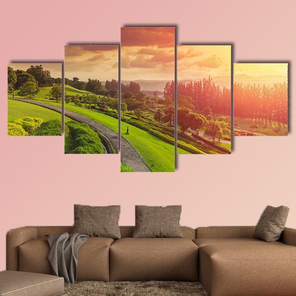 Green Park At Sunset Canvas Wall Art-5 Star-Gallery Wrap-62" x 32"-Tiaracle