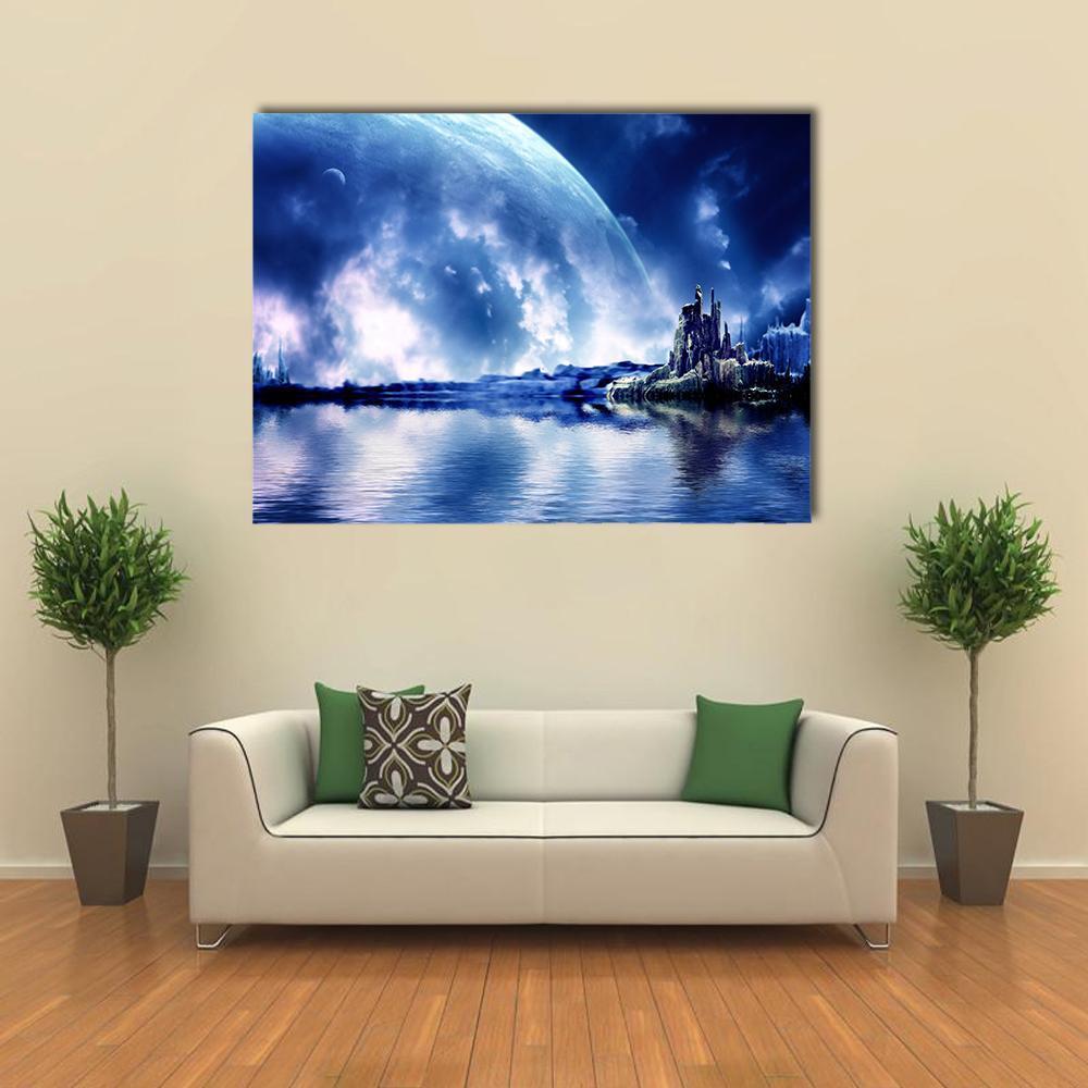 Island Castle on an Alien Planet Canvas Wall Art in white, blue and purple, single panel hung on a wall