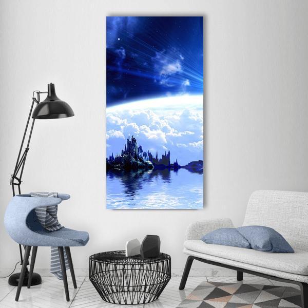 Blue Planet with Futuristic City Vertical Canvas Wall Art in white and blue, single vertical panel hung on a wall