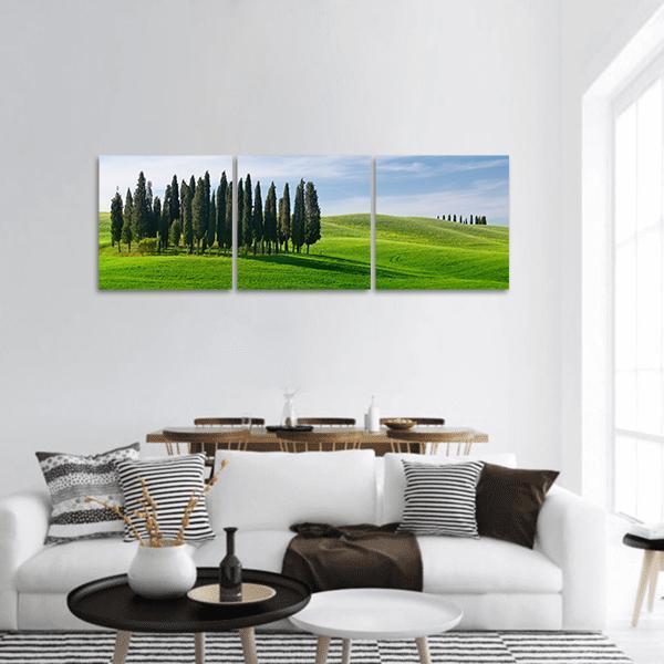 Rolling Green Hills with Cypress Trees Panoramic Canvas Wall Art in green and blue, hung on a wall