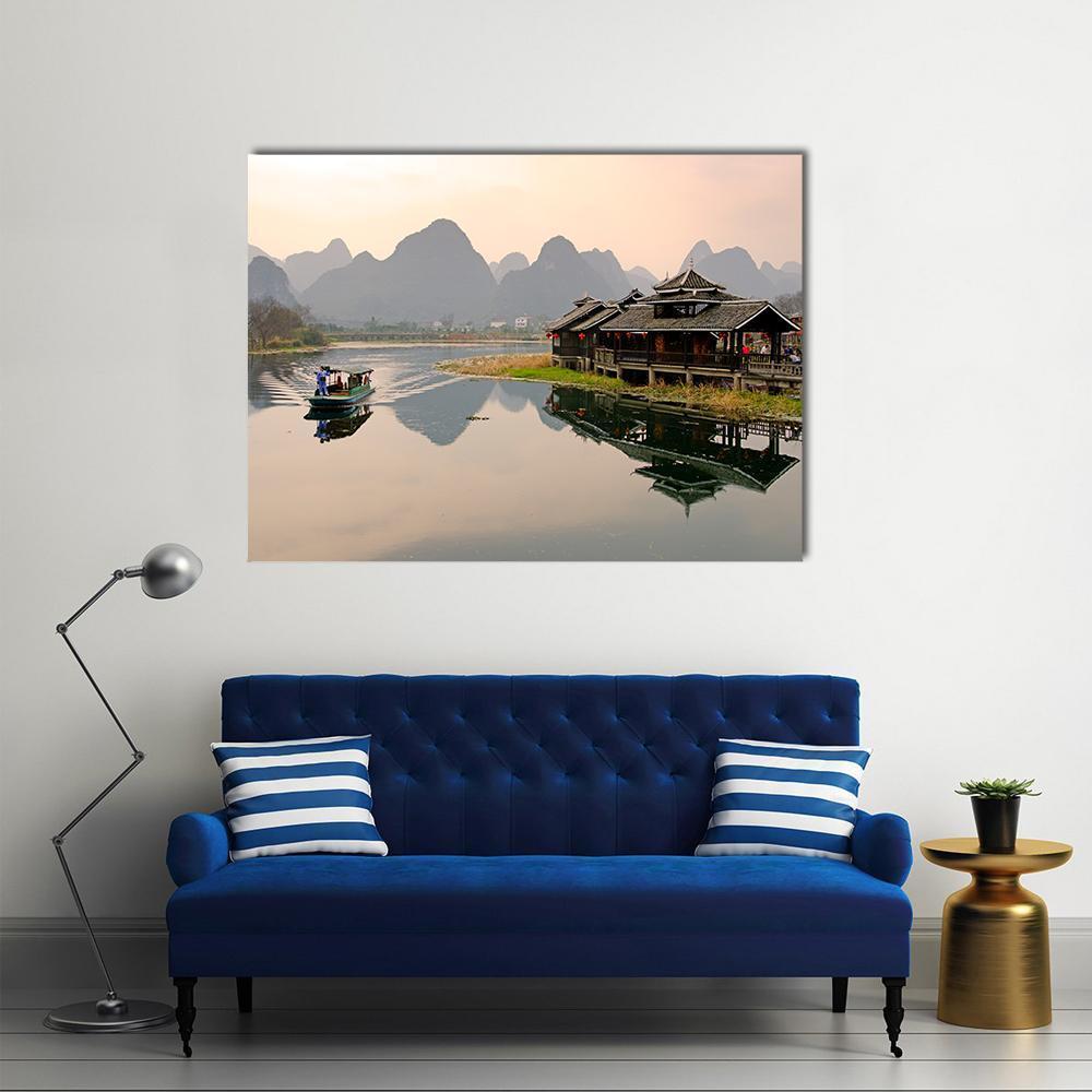 Yangshuo River Landscape Canvas Wall Art in gray, beige and green, single panel hung on a wall