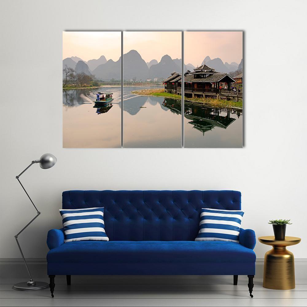 Landscape In Yangshuo Canvas Wall Art-3 Horizontal-Gallery Wrap-37" x 24"-Tiaracle