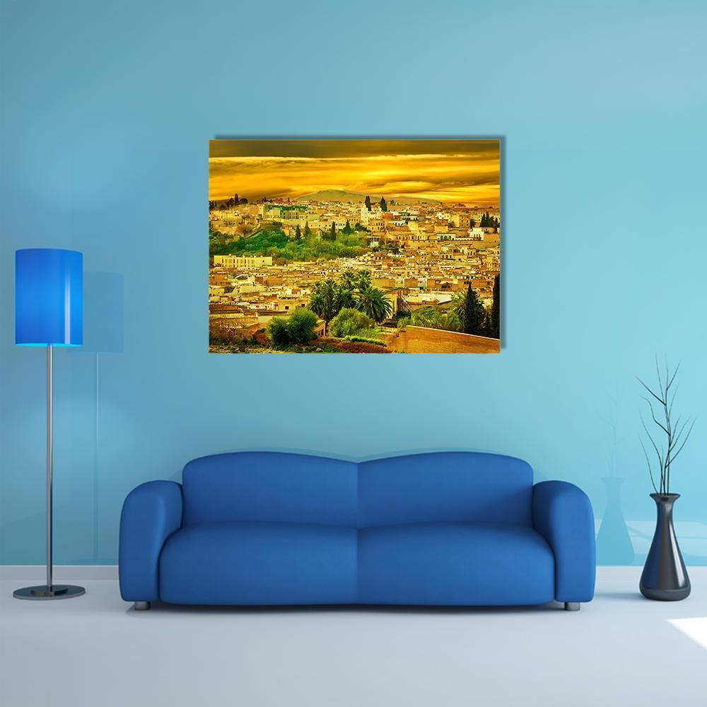 City in Fes Canvas Wall Art in brown, gold and yellow, single panel hung on a wall