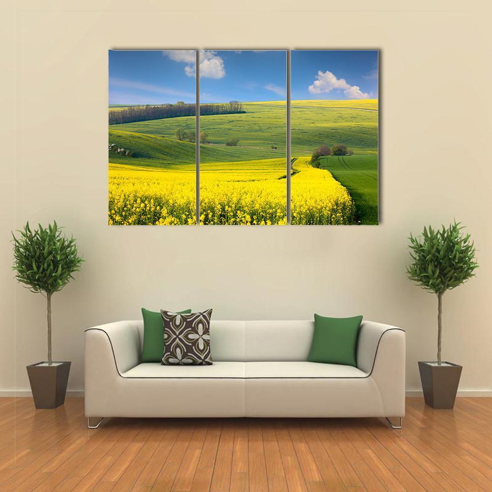 Yellow Flowers On Hill Canvas Wall Art-3 Horizontal-Gallery Wrap-37" x 24"-Tiaracle