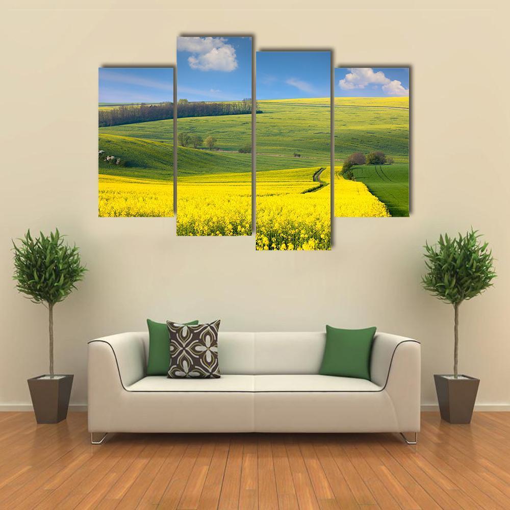 Yellow Flowers On Hill Canvas Wall Art-4 Pop-Gallery Wrap-50" x 32"-Tiaracle