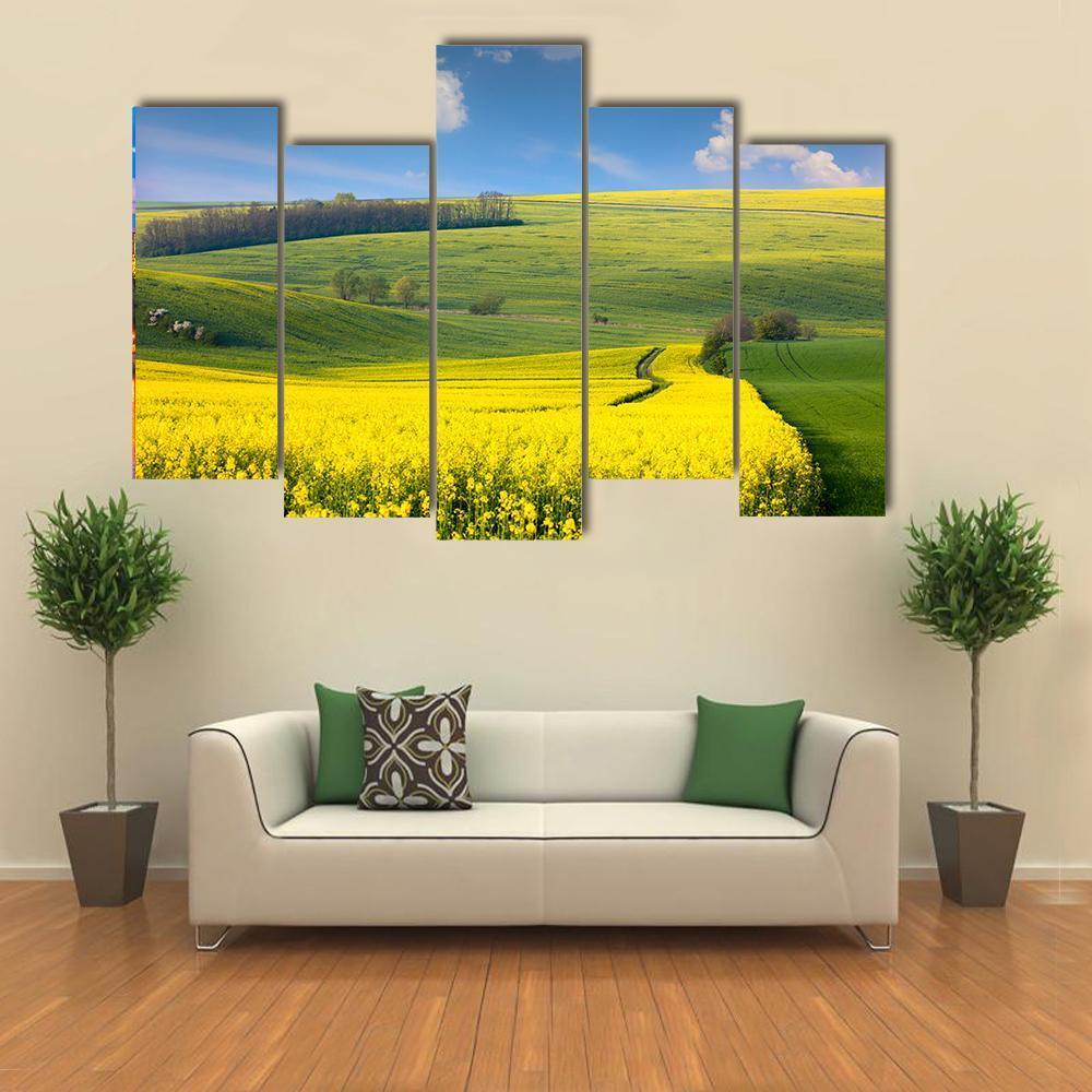 Yellow Flowers On Hill Canvas Wall Art-5 Pop-Gallery Wrap-47" x 32"-Tiaracle
