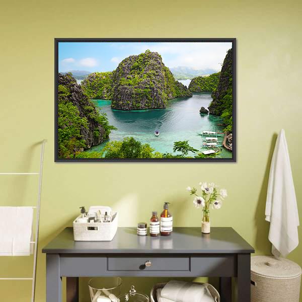 Coron Tropical Island Aerial Landscape Canvas Wall Art in green and blue, framed canvas, product view on a white background