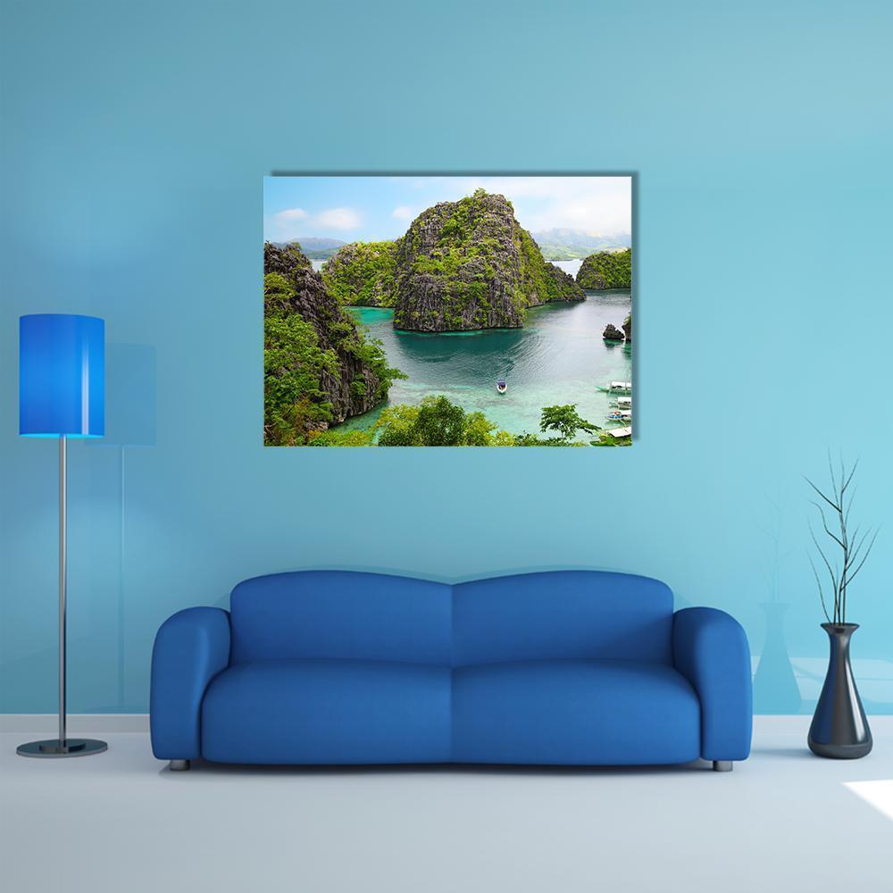 Coron Tropical Island Aerial Landscape Canvas Wall Art in green and blue, single panel hung on a wall