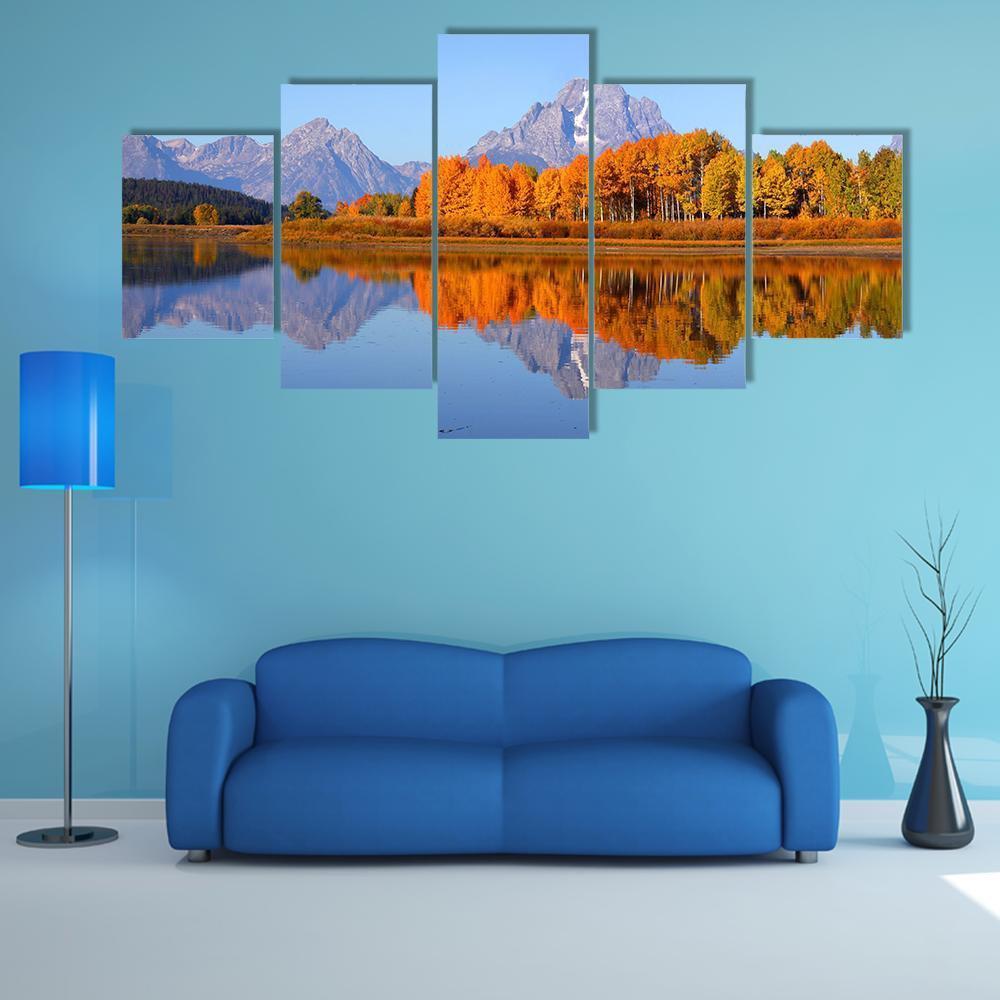 Oxbow Bend In Autumn Canvas Wall Art-5 Pop-Gallery Wrap-47" x 32"-Tiaracle