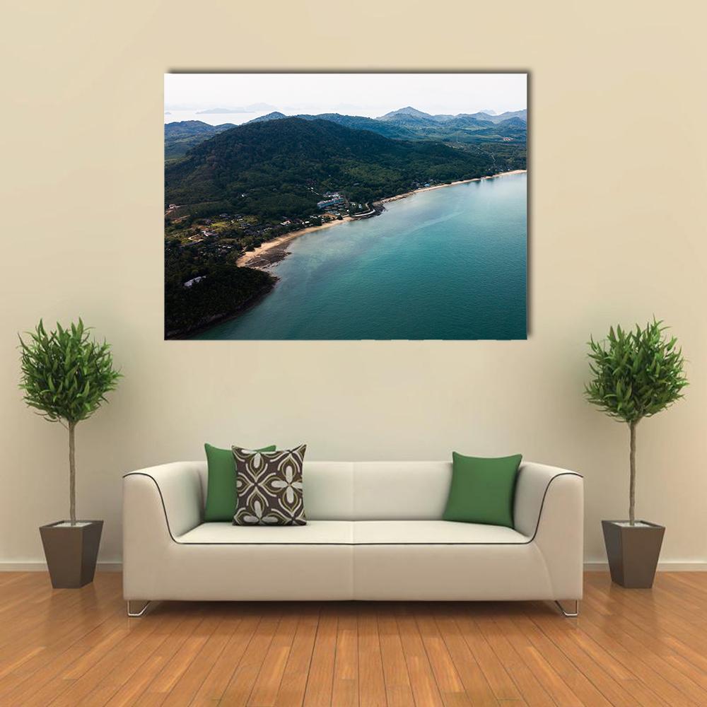 Koh Yao Noi Aerial View Canvas Wall Art in green and blue, single panel hung on a wall