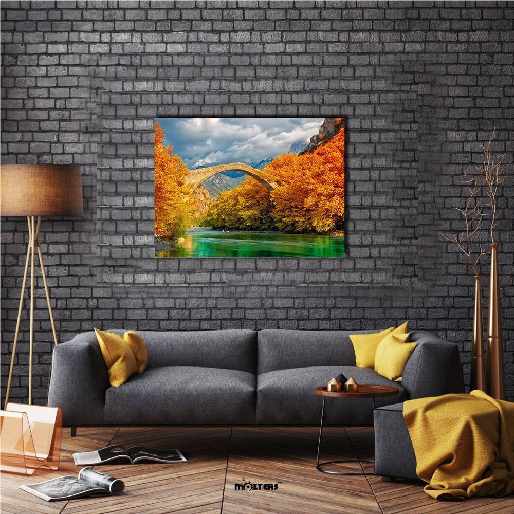 Konitsa Bridge In Autumn Canvas Wall Art-4 Horizontal-Gallery Wrap-34" x 24"-Tiaracle