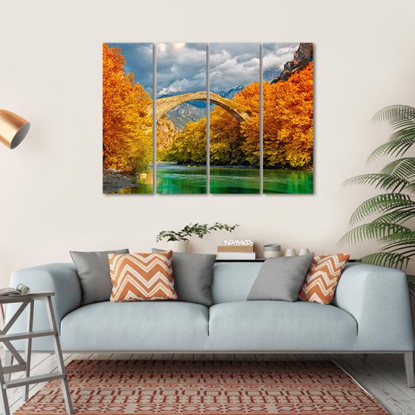 Konitsa Bridge In Autumn Canvas Wall Art-4 Horizontal-Gallery Wrap-34" x 24"-Tiaracle