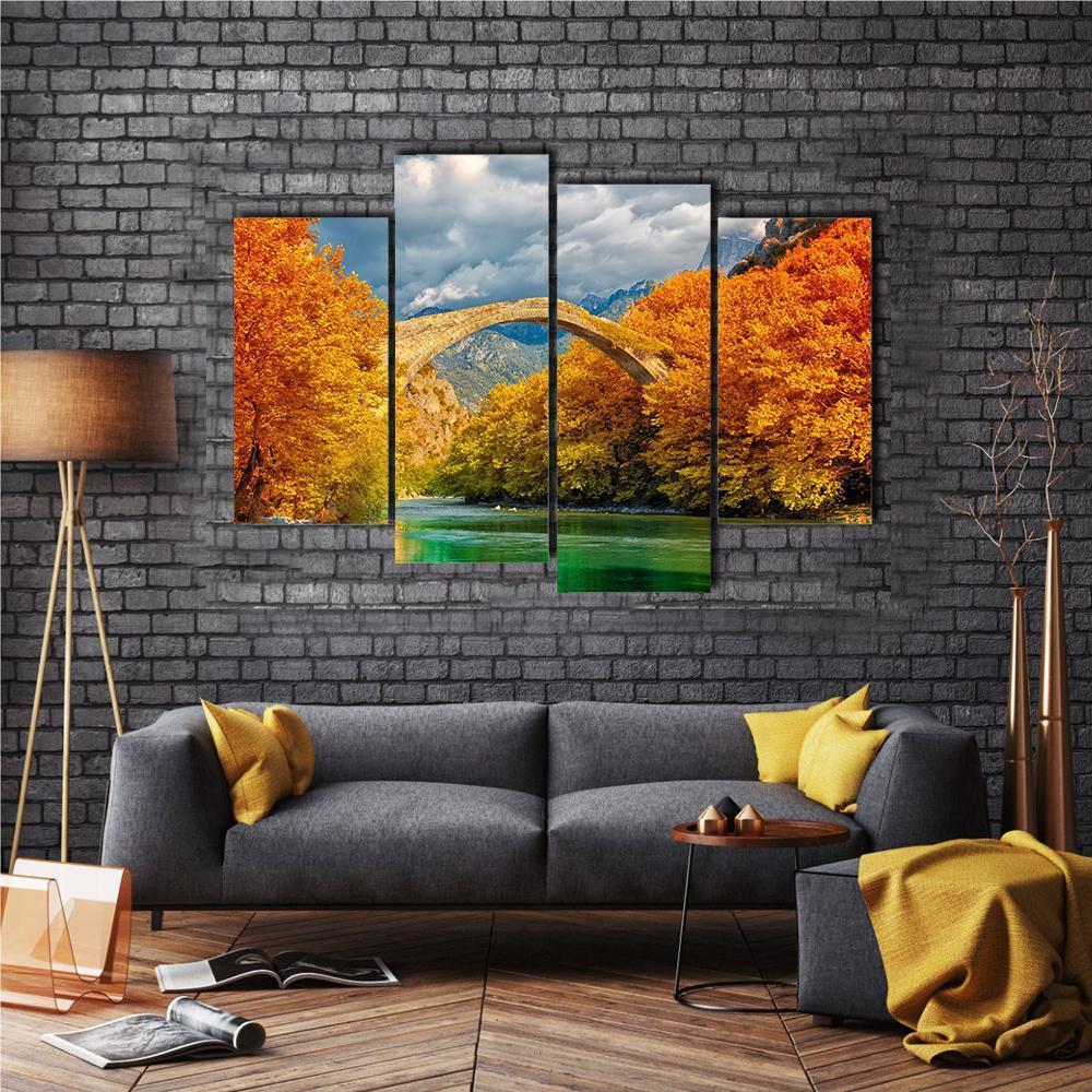 Konitsa Bridge In Autumn Canvas Wall Art-4 Pop-Gallery Wrap-50" x 32"-Tiaracle