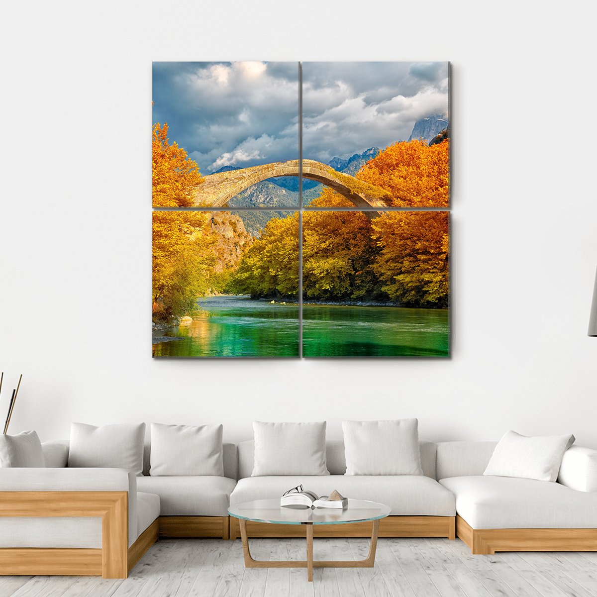 Konitsa Bridge In Autumn Canvas Wall Art-4 Square-Gallery Wrap-17" x 17"-Tiaracle