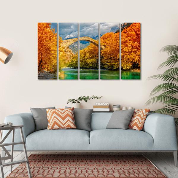 Konitsa Bridge In Autumn Canvas Wall Art-5 Horizontal-Gallery Wrap-22" x 12"-Tiaracle