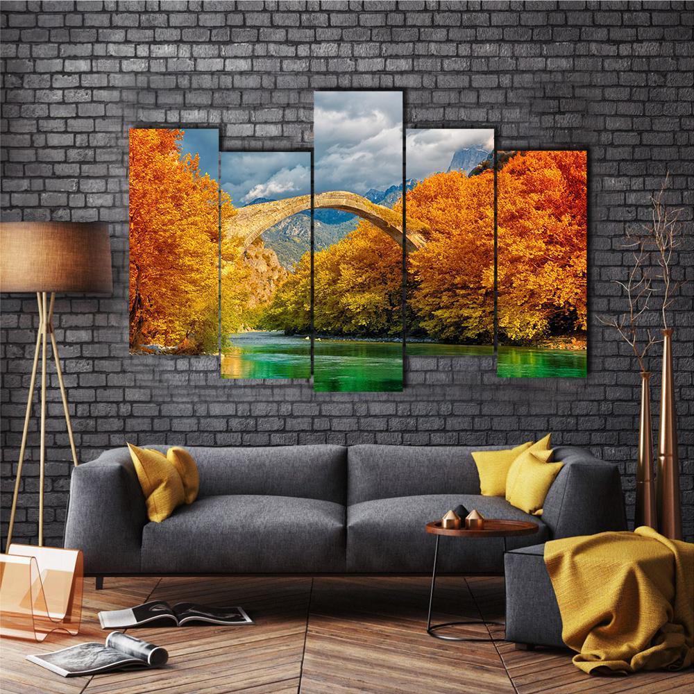 Konitsa Bridge In Autumn Canvas Wall Art-5 Pop-Gallery Wrap-47" x 32"-Tiaracle