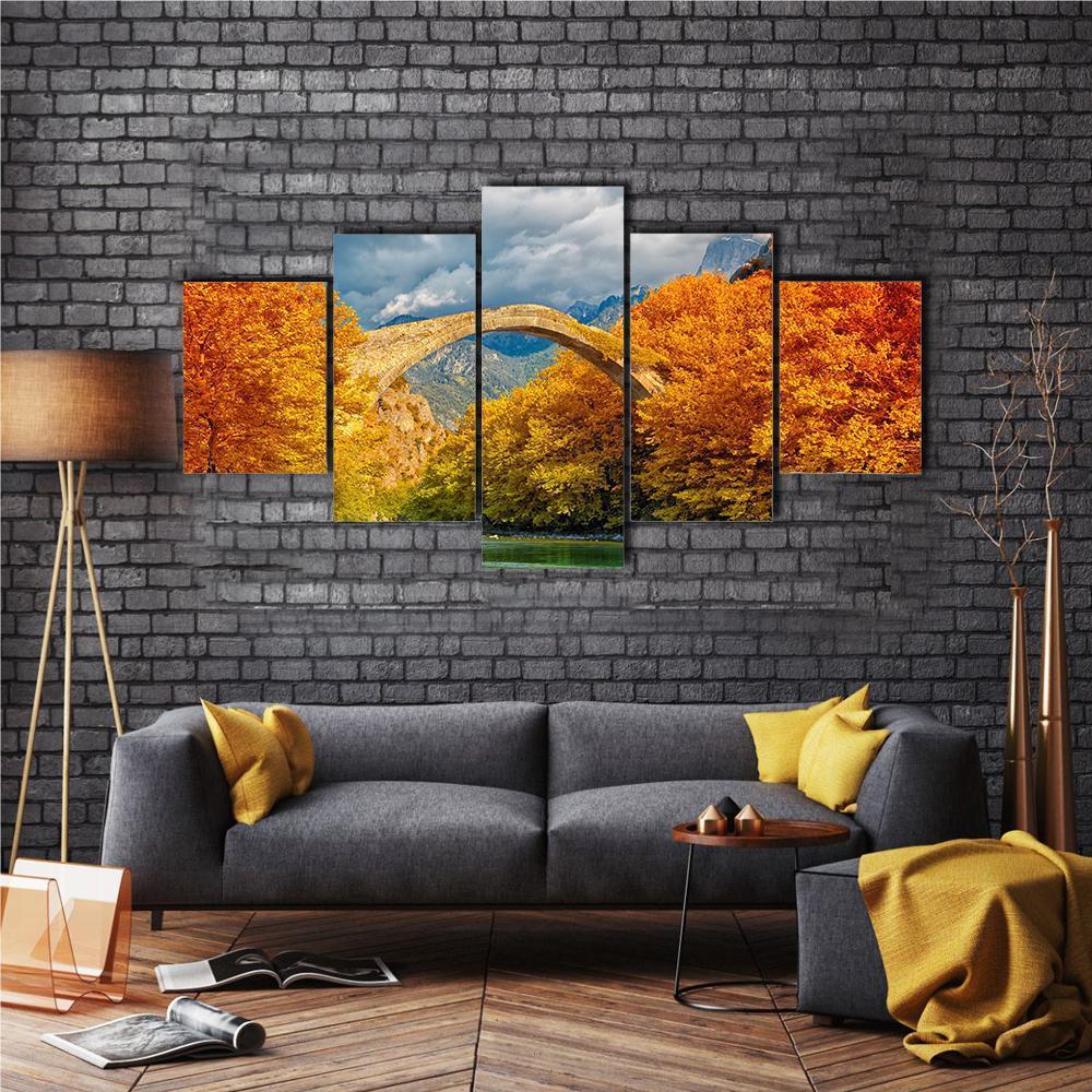 Konitsa Bridge In Autumn Canvas Wall Art-5 Star-Gallery Wrap-62" x 32"-Tiaracle