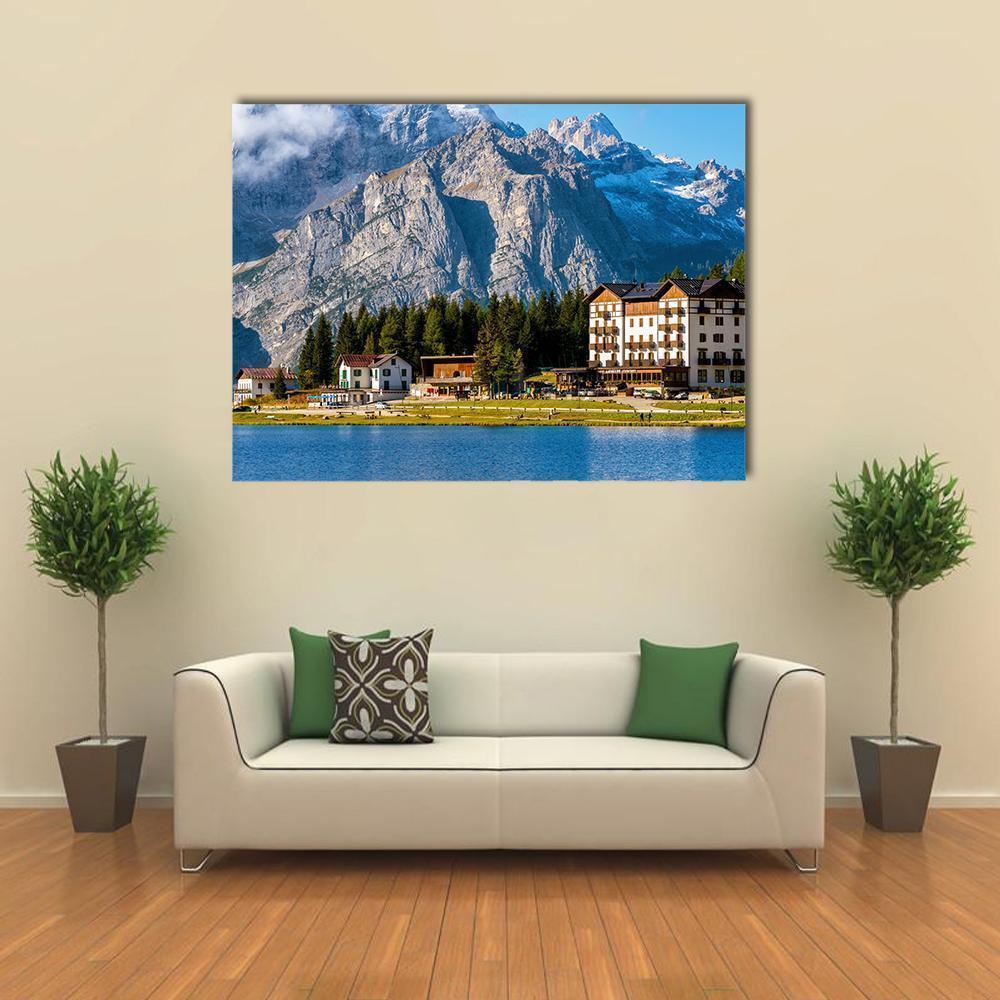 Lake Misurina Landscape Canvas Wall Art in gray, brown and blue, single panel hung on a wall