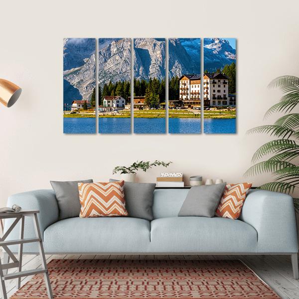 Lake Misurina Landscape Canvas Wall Art in gray, brown and blue, hung on a wall