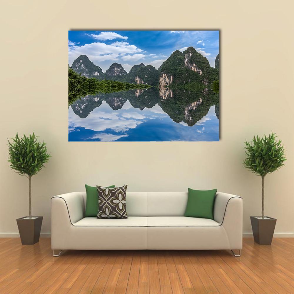 Li River in Guilin Reflection Canvas Wall Art in green and blue, single panel hung on a wall