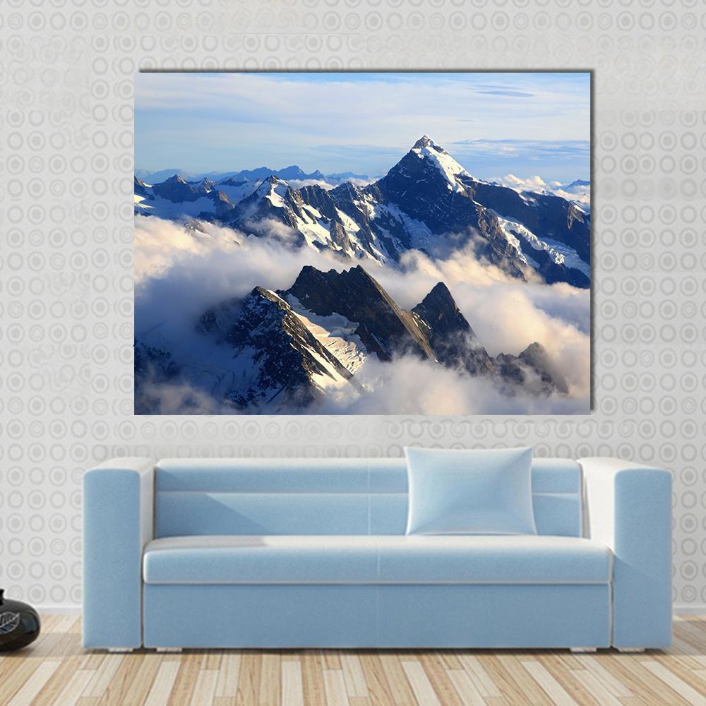 Mount Cook Peak Canvas Wall Art in white, gray and blue, single panel hung on a wall