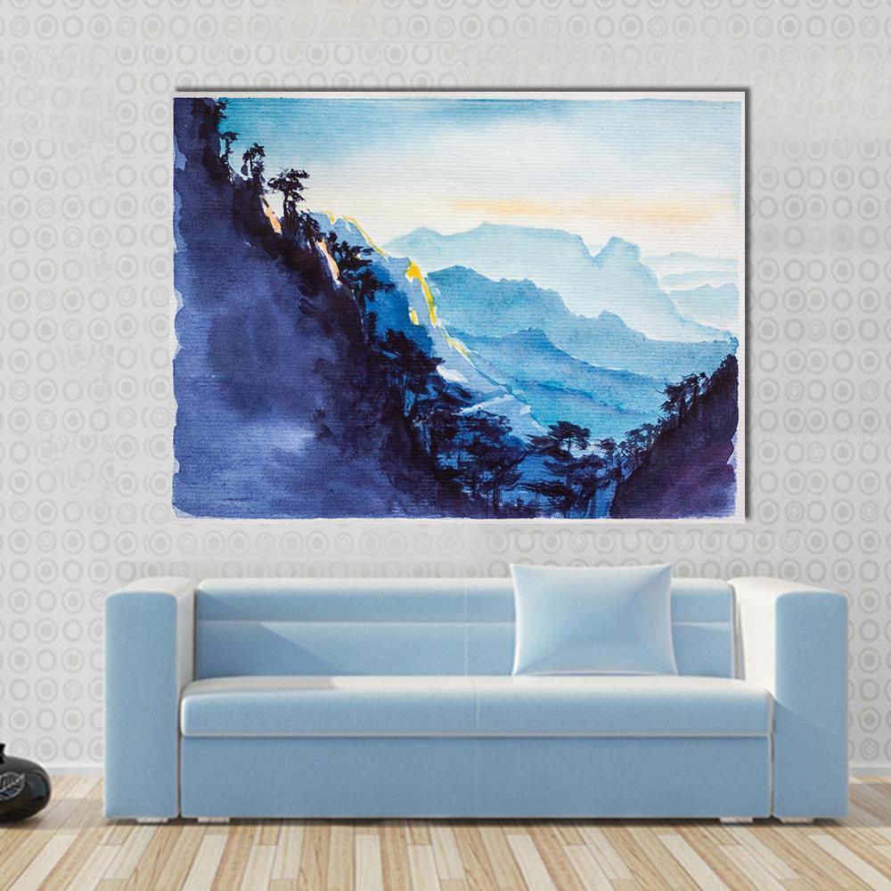 Mountains and Forest Watercolor Canvas Wall Art in white, blue and navy, single panel hung on a wall