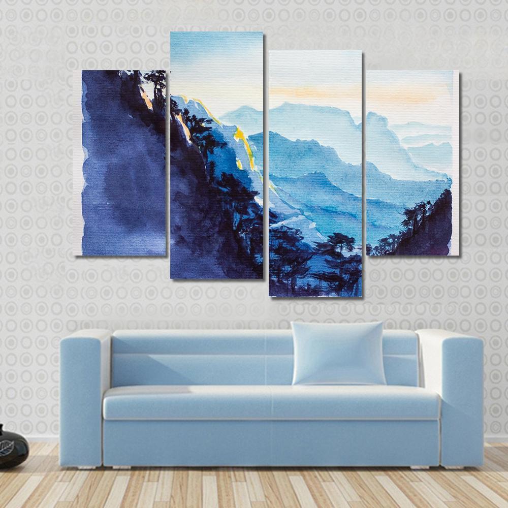 Mountains & Forest Watercolor Canvas Wall Art-4 Pop-Gallery Wrap-50" x 32"-Tiaracle