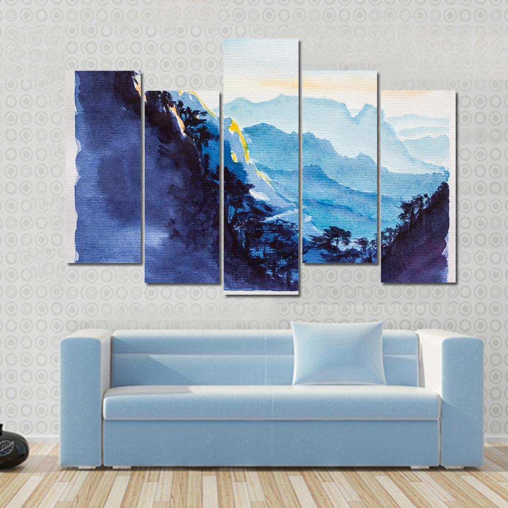 Mountains &amp; Forest Watercolor Canvas Wall Art-5 Pop-Gallery Wrap-47" x 32"-Tiaracle