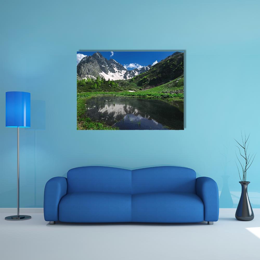 Reflection Of Snow Mountain Canvas Wall Art-3 Horizontal-Gallery Wrap-37" x 24"-Tiaracle