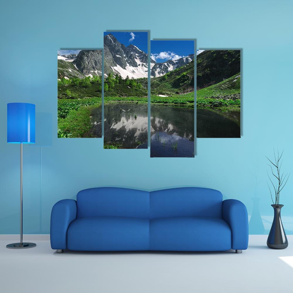 Reflection Of Snow Mountain Canvas Wall Art-4 Pop-Gallery Wrap-50" x 32"-Tiaracle