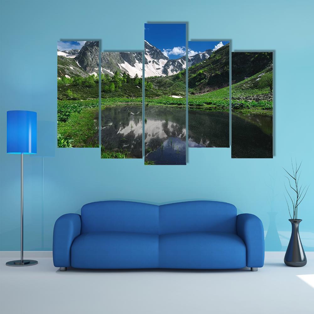 Reflection Of Snow Mountain Canvas Wall Art-5 Pop-Gallery Wrap-47" x 32"-Tiaracle