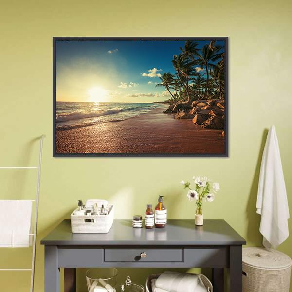 Landscape of Paradise Canvas Wall Art in brown, yellow and blue, framed canvas, product view on a white background