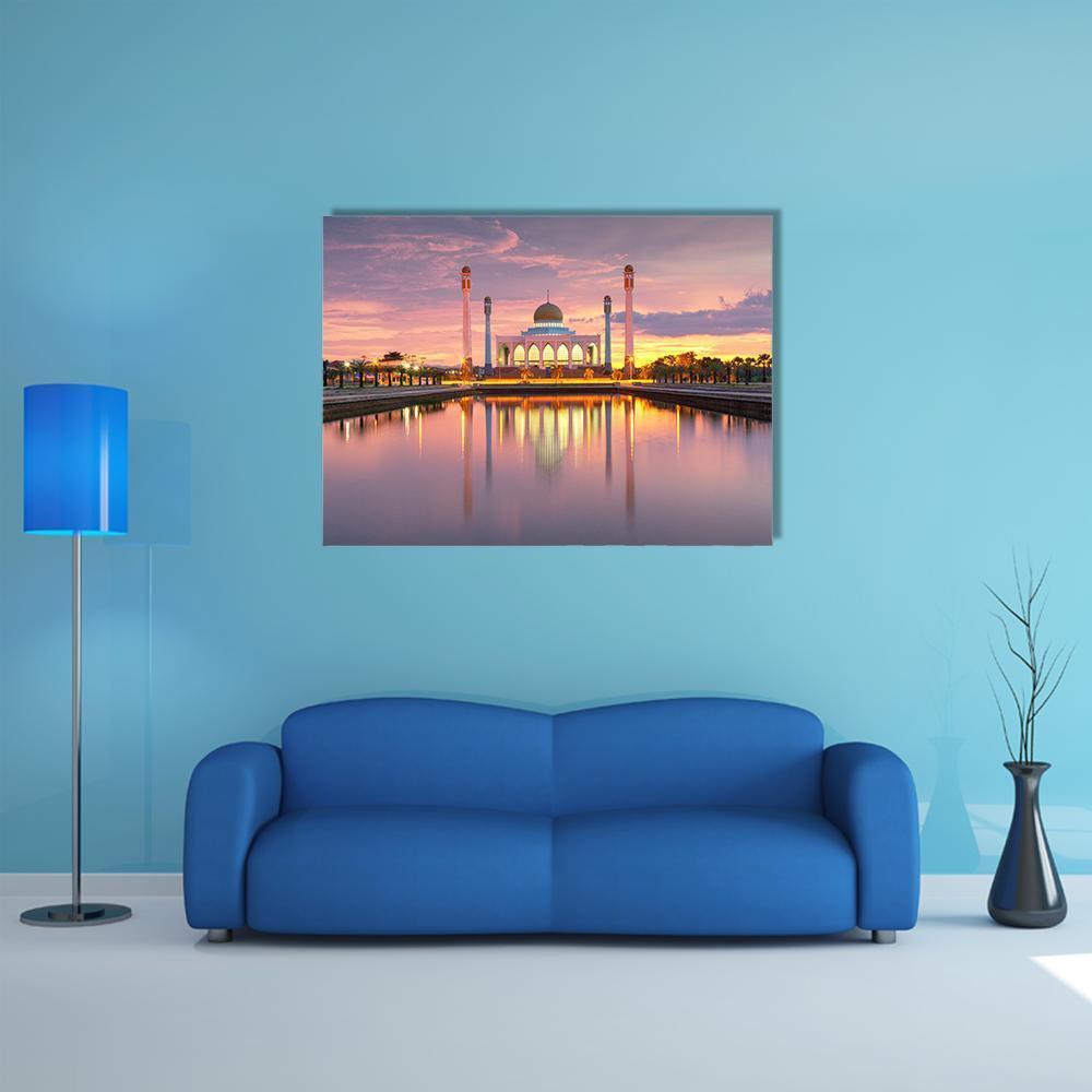 Songkhla Mosque Sunset Reflection Canvas Wall Art in orange, purple and pink, single panel hung on a wall