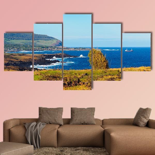 Coastline Towards Hanga Roa Canvas Wall Art-5 Star-Gallery Wrap-62" x 32"-Tiaracle