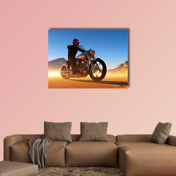 Motorcyclist with Red Helmet in Desert Canvas Wall Art in brown, orange and blue, single panel hung on a wall
