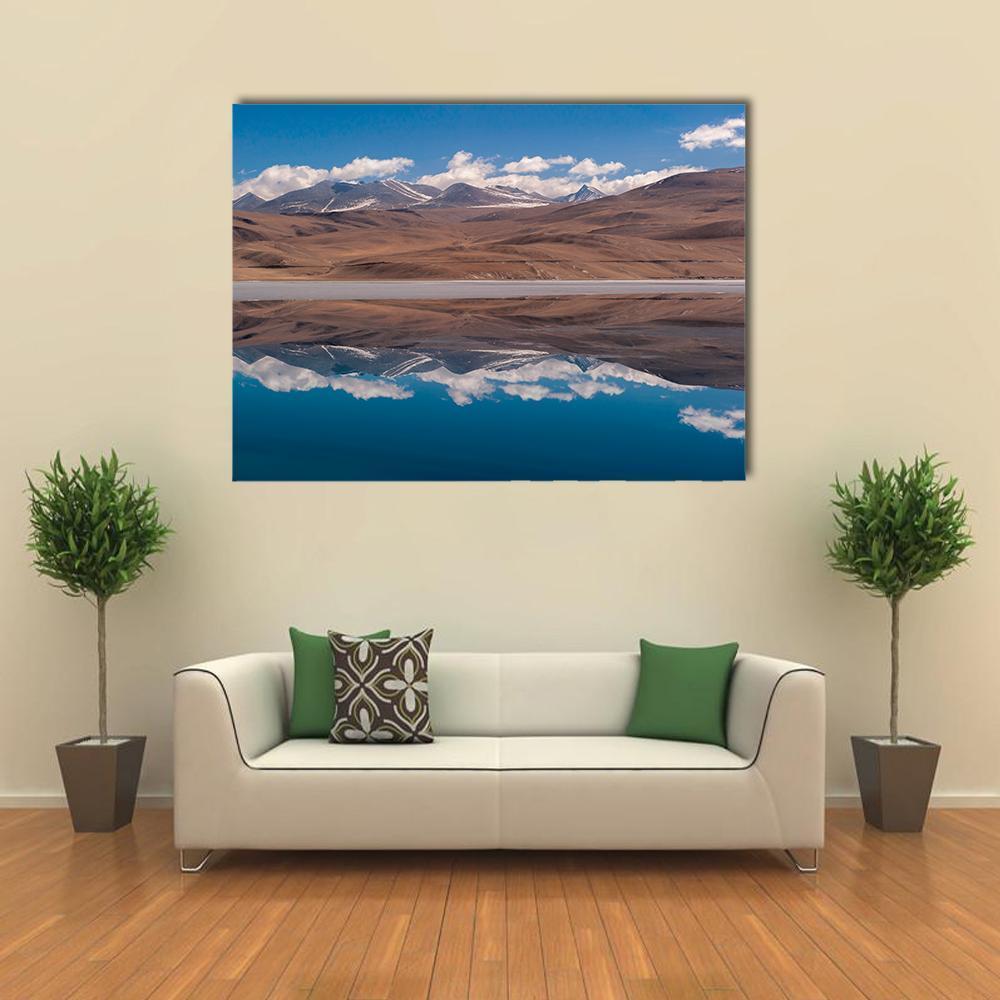 Tso Moriri Lake Reflection Canvas Wall Art in white, brown and blue, single panel hung on a wall