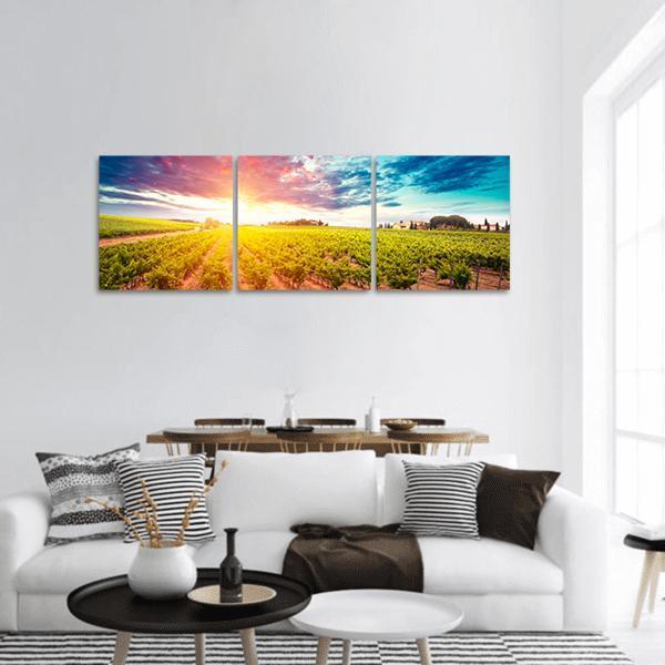 Tuscany Vineyard at Sunset Panoramic Canvas Wall Art in yellow, green and blue, hung on a wall