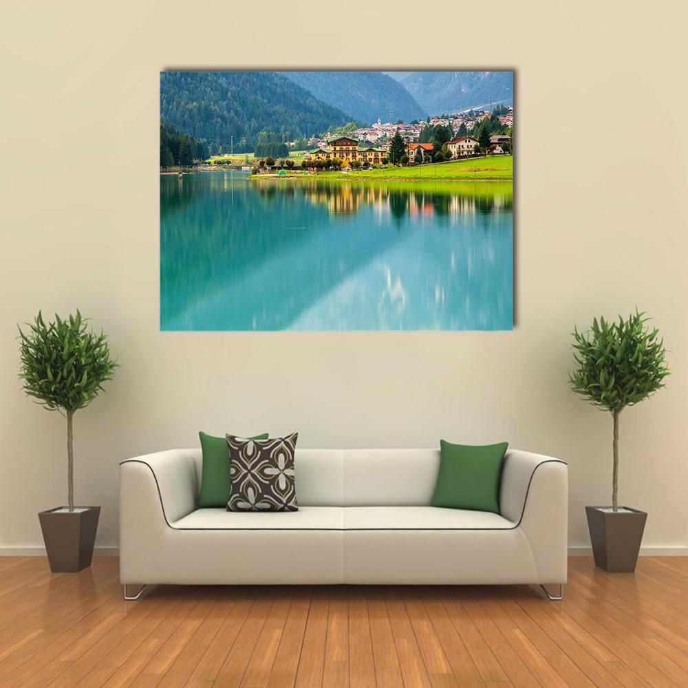 Village With Lake Auronzo Canvas Wall Art-1 Piece-Gallery Wrap-48" x 32"-Tiaracle