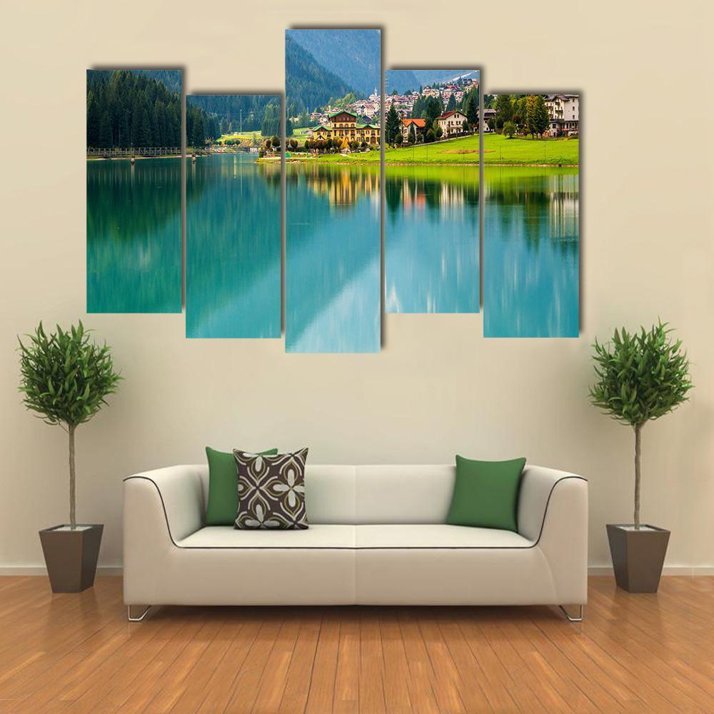 Village With Lake Auronzo Canvas Wall Art-5 Pop-Gallery Wrap-47" x 32"-Tiaracle