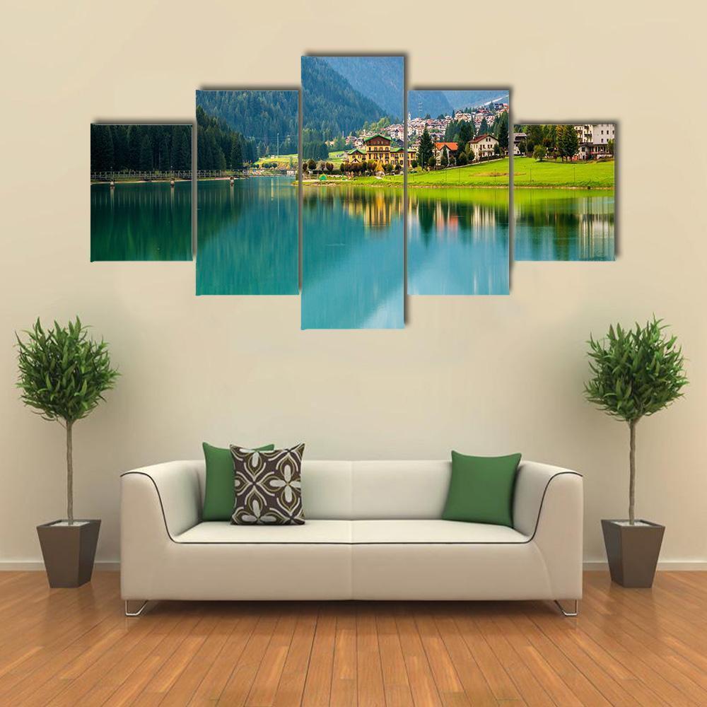 Village With Lake Auronzo Canvas Wall Art-5 Star-Gallery Wrap-62" x 32"-Tiaracle