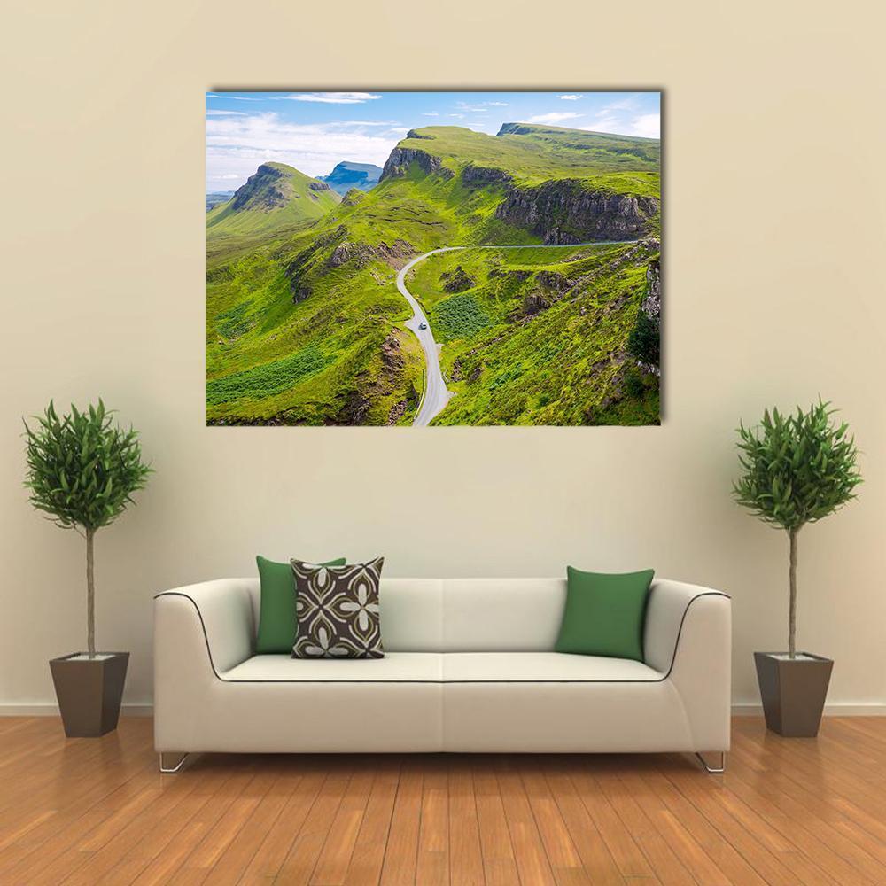 Road on Isle of Skye Canvas Wall Art in gray, green and blue, single panel hung on a wall